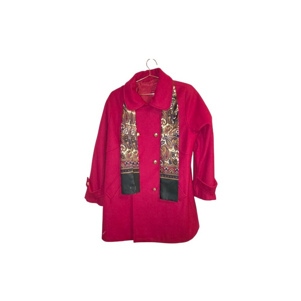 BFA Classics Red Wool Blend Coat Size 14 – Paisley Trim Scarf, Double Breasted
